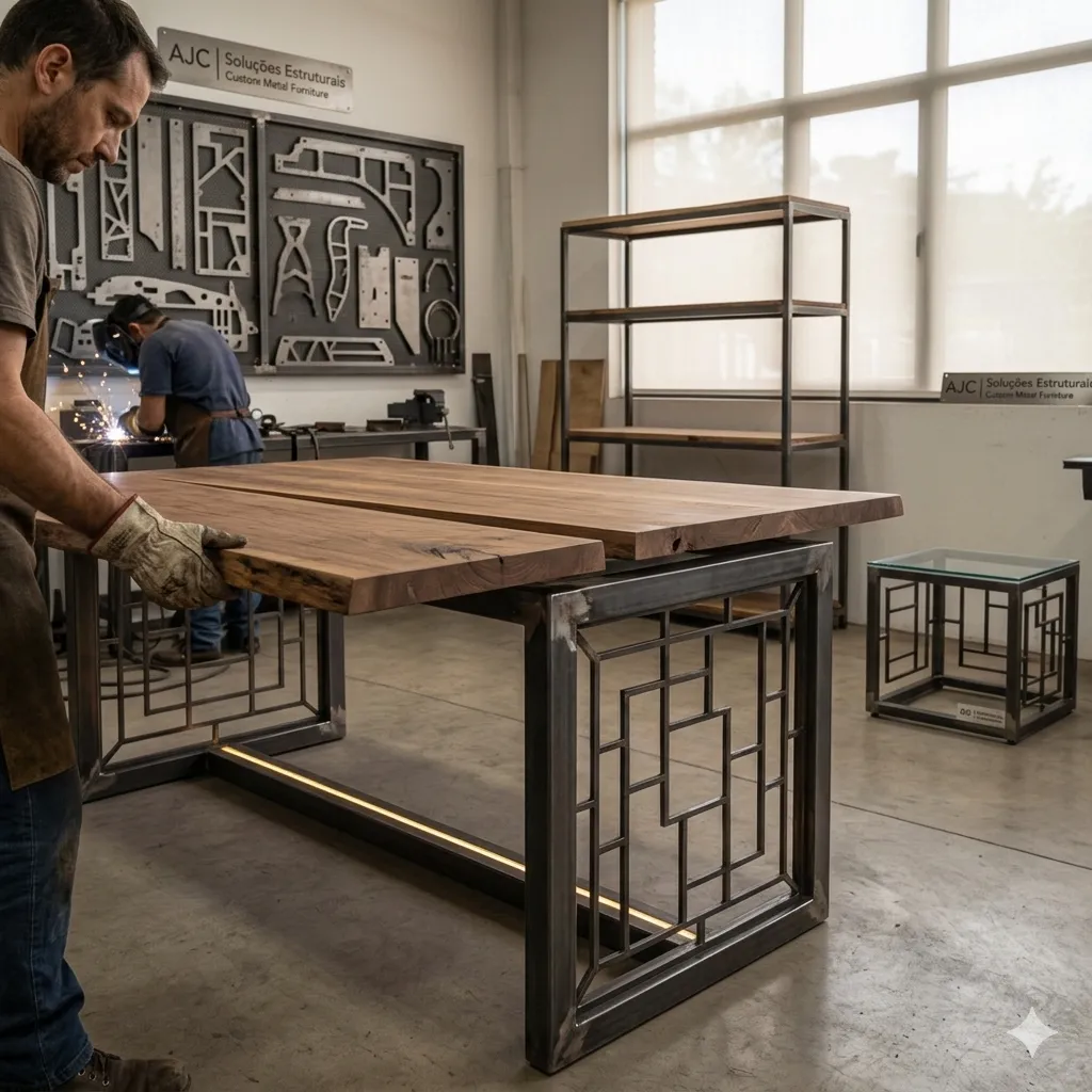 Profissionais manuseando e produzindo uma mesa rústica com suporte em metal no estilo industrial moderno.