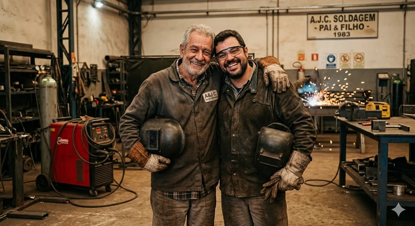 Pai e Filho abraçados em sua oficina de serralheria