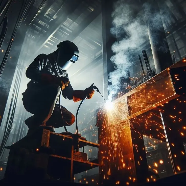 Soldador realizando o trabalho de solda em uma viga metálica de grandes proporções